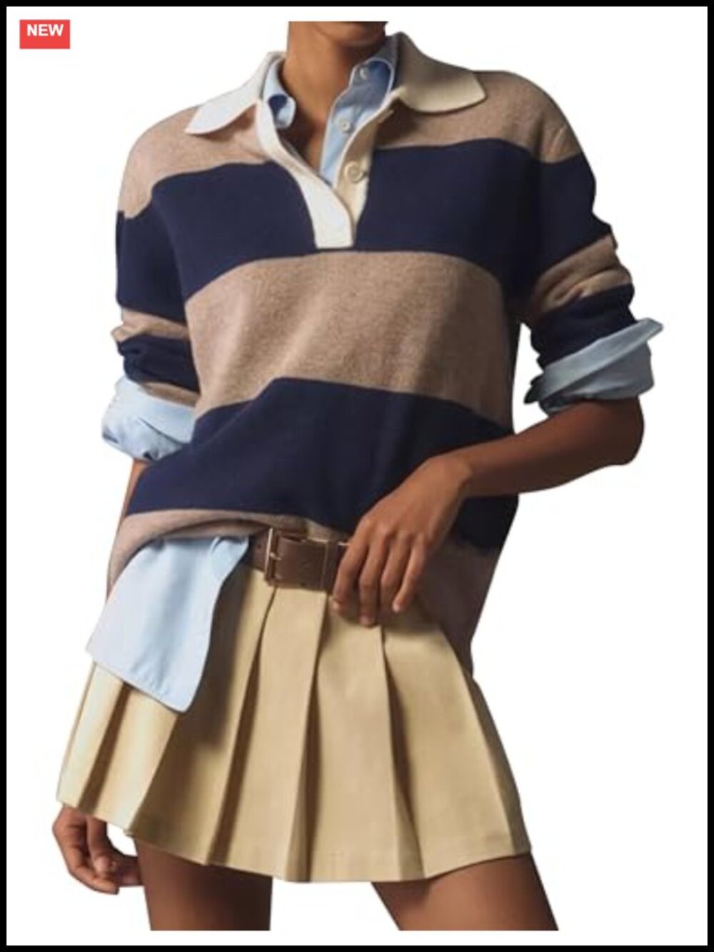 Striped Long Sleeve Collared Pullover Sweater for Women V-Neck Button Casual Top